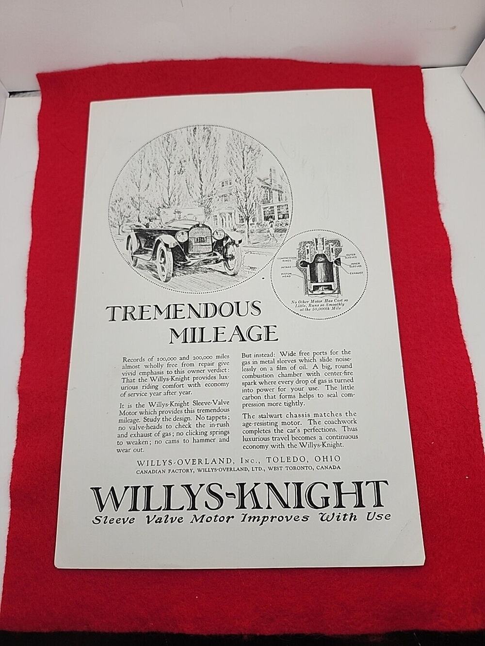 Vintage 1922 Willys-Knight: Tremendous Mileage Antique Print Ad Ephemera